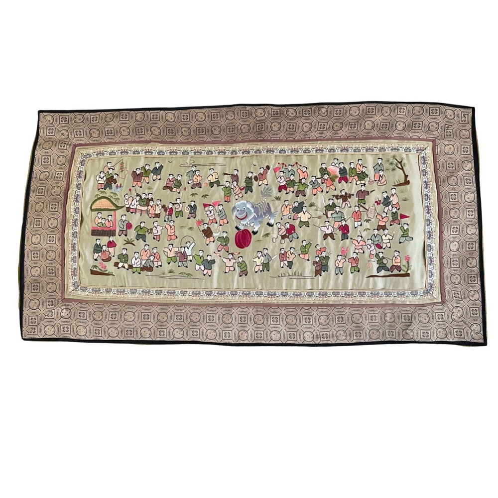 Vtg Silk Chinese Panel Embroidered Tapestry "100 Children Playing" Dragon 26x14"